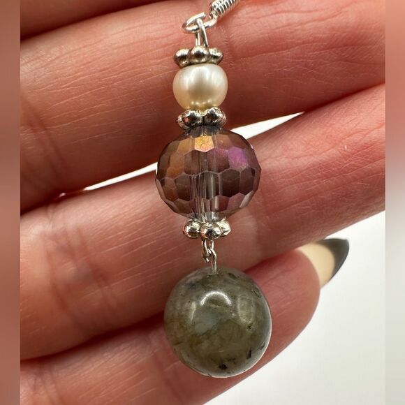 2" Labradorite, faceted glass, pearl and silver tone accent dangle earrings! - Picture 2 of 9